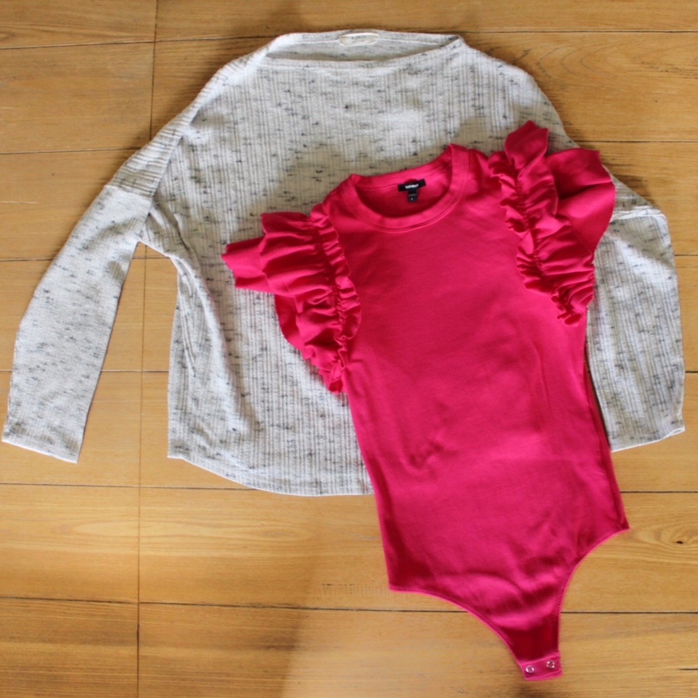 Express Hot Pink Bodysuit and a.gain Mock Neck Long Sleeve Top Small Preowned